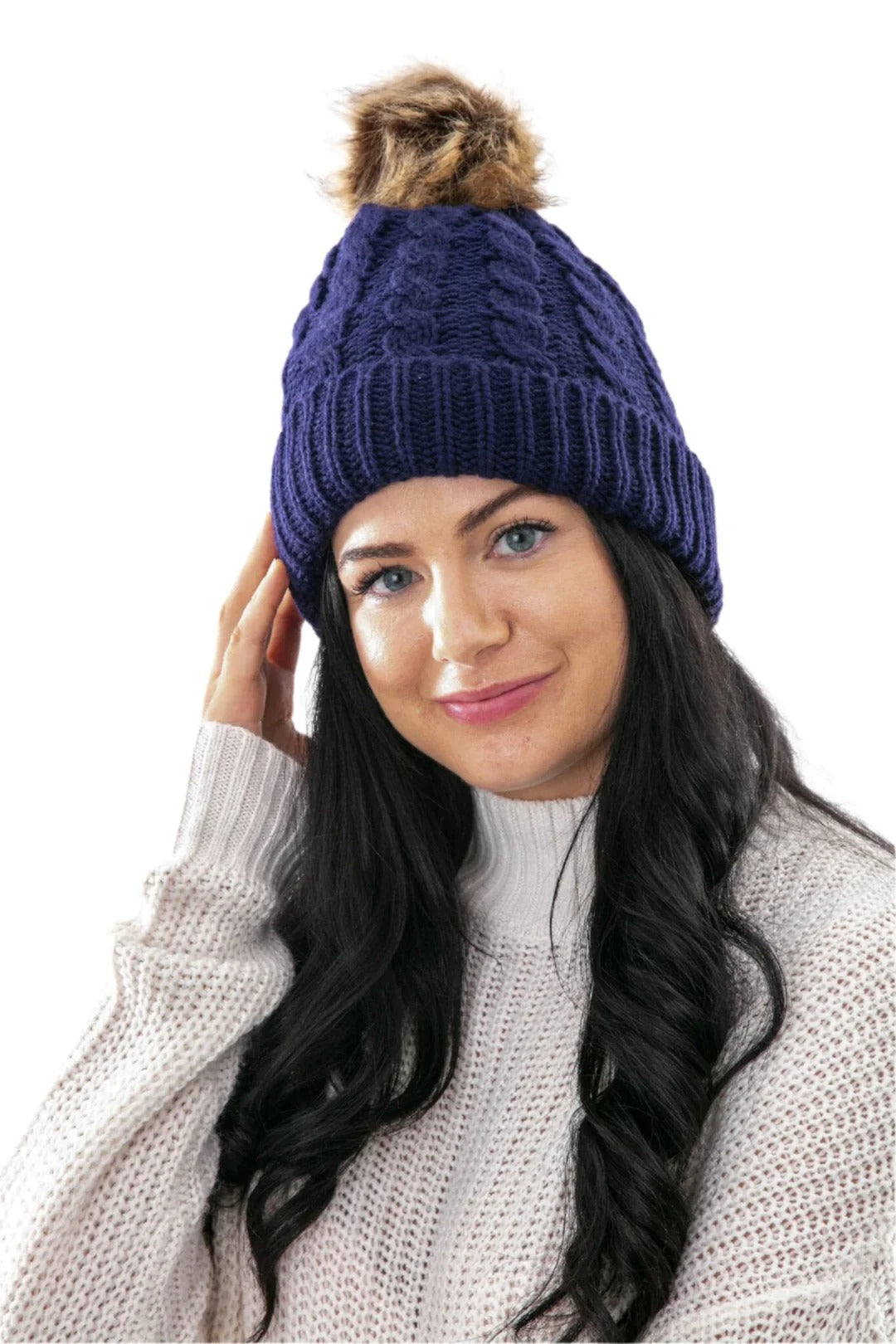 Blue - Sherpa Lined Winter Beanie with Faux Fur Pom Pom