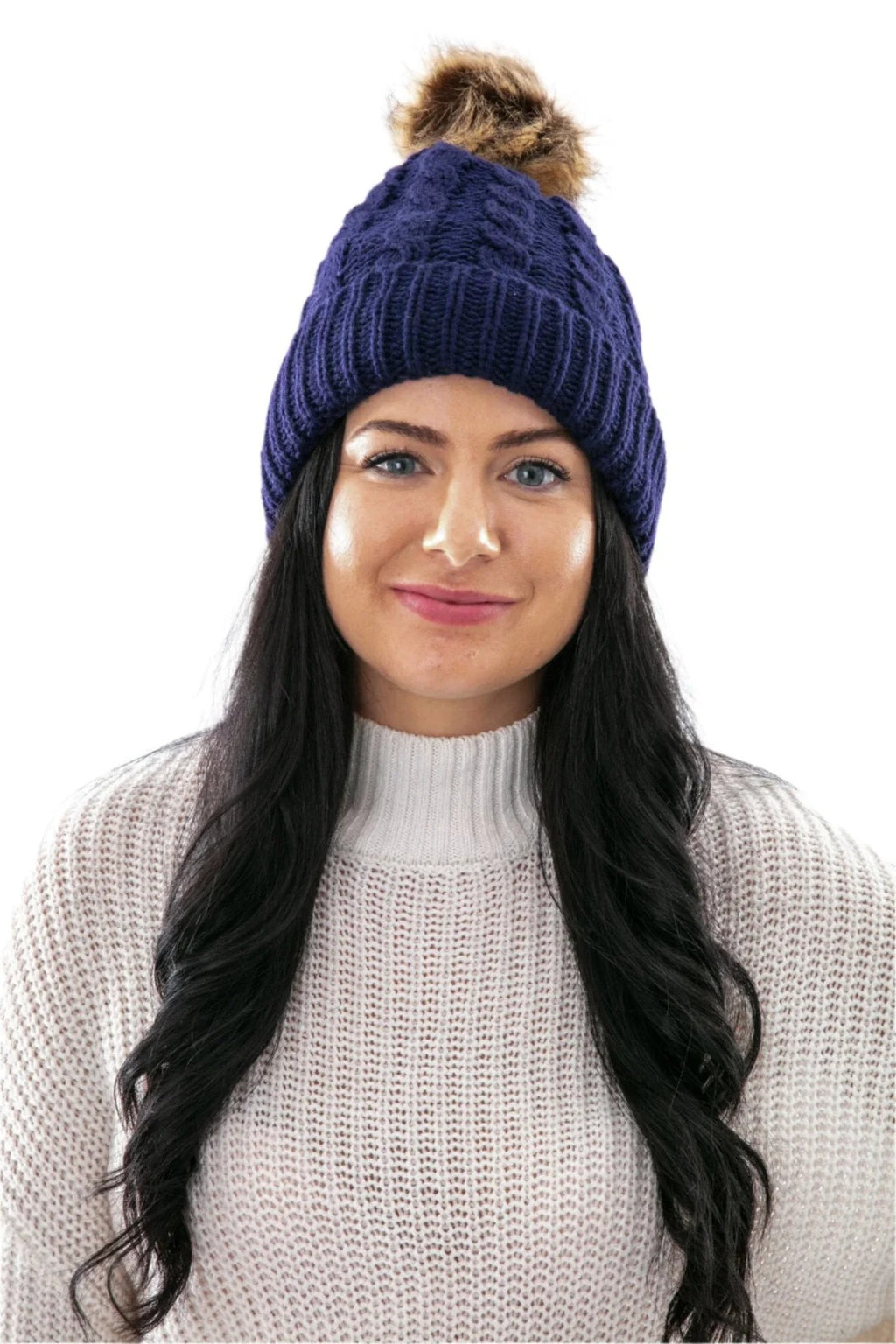 Blue - Sherpa Lined Winter Beanie with Faux Fur Pom Pom