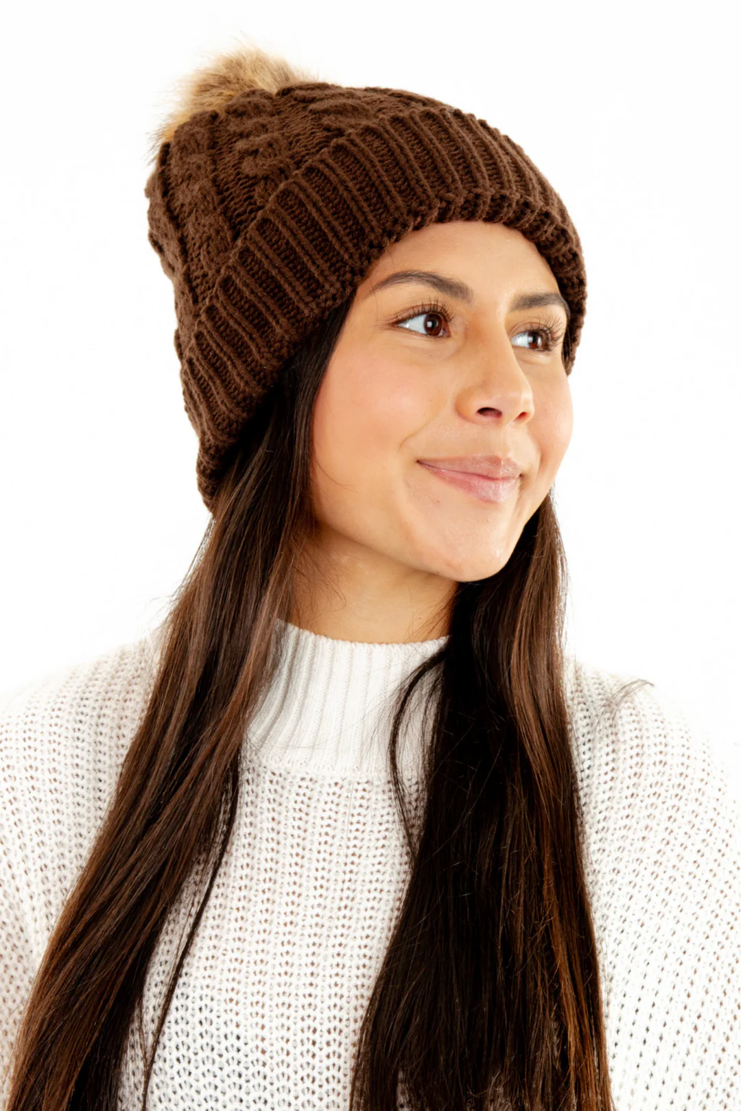 Brown Sherpa Lined Knit Beanie Hat with Faux Fur Pom Pom Winter Warm Cap