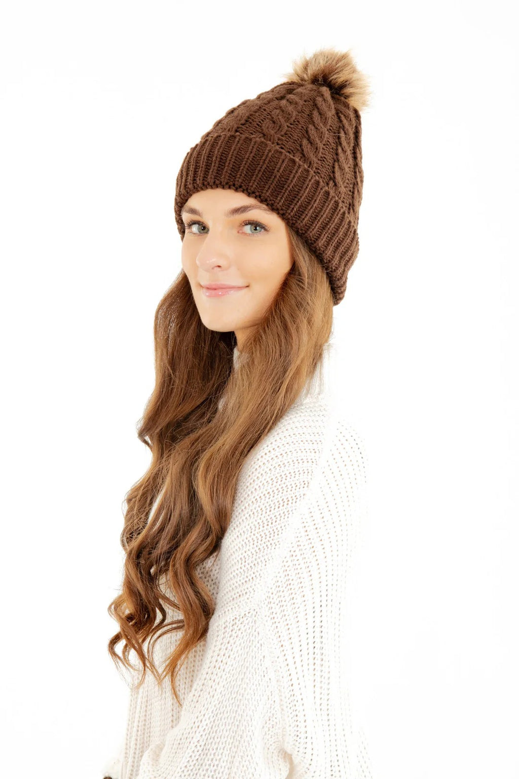 Brown Sherpa Lined Knit Beanie Hat with Faux Fur Pom Pom Winter Warm Cap