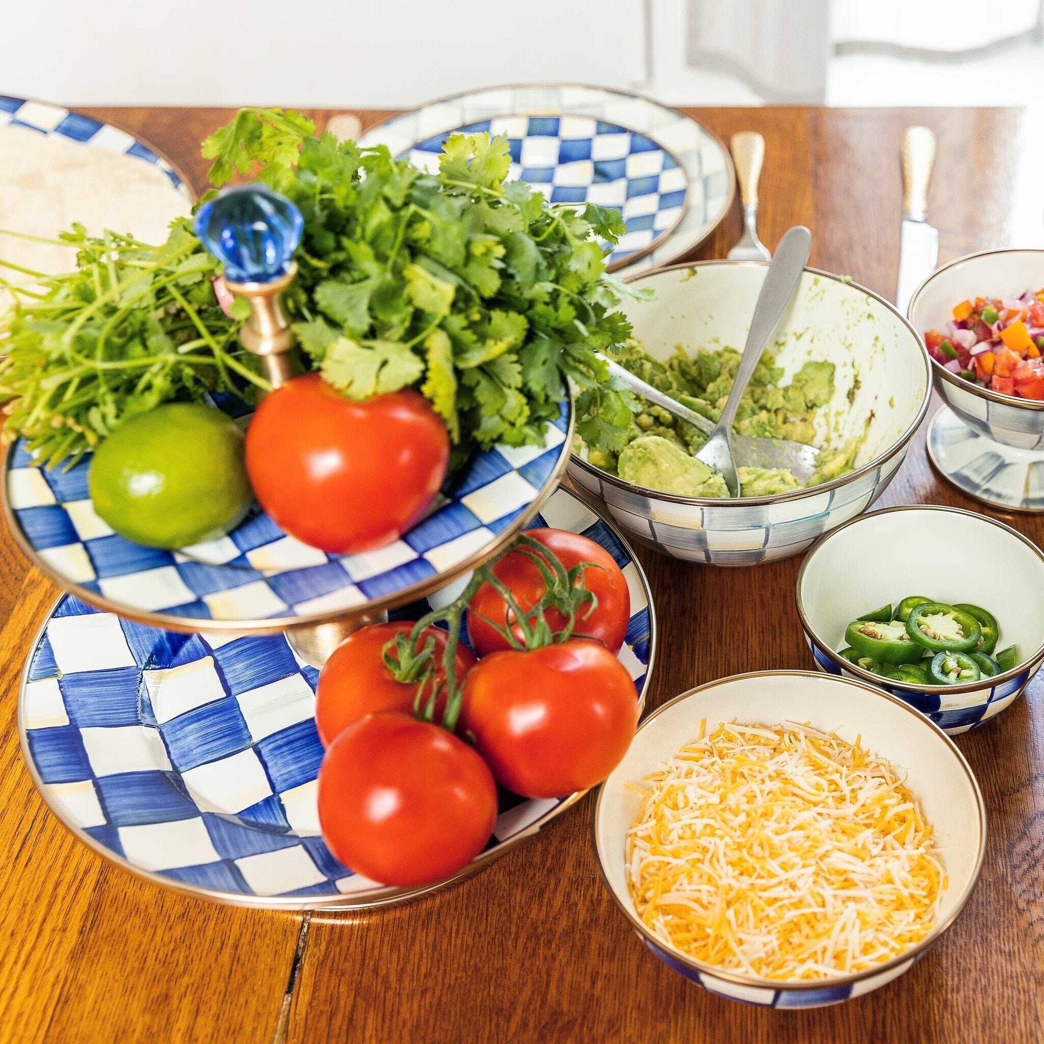 Royal Check Luxury Blue Enamel Two Tier Sweet Stand