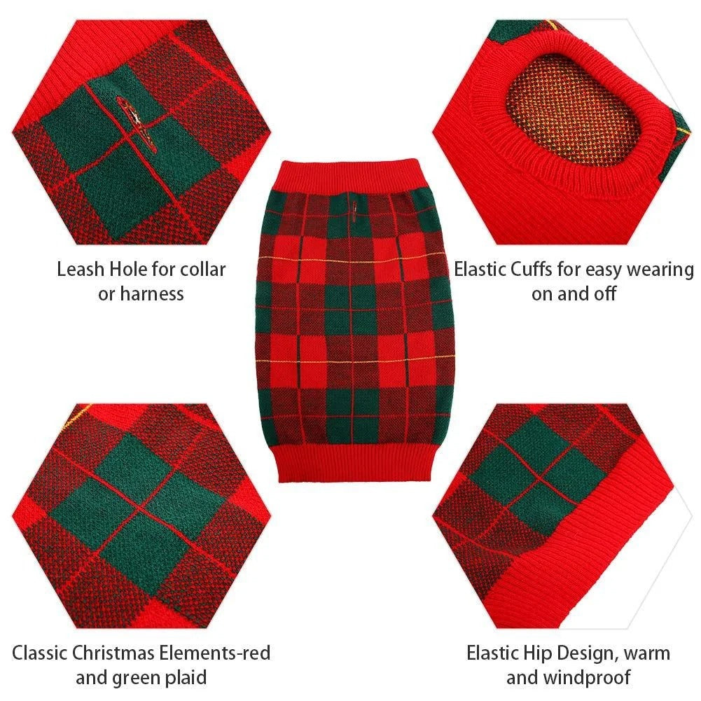 Festive Dog Christmas Sweater for Small and Medium Dogs and Cats, Red and Green Plaid Knit Turtleneck Winter Vest, Holiday Pet Clothing for Warmth and Style