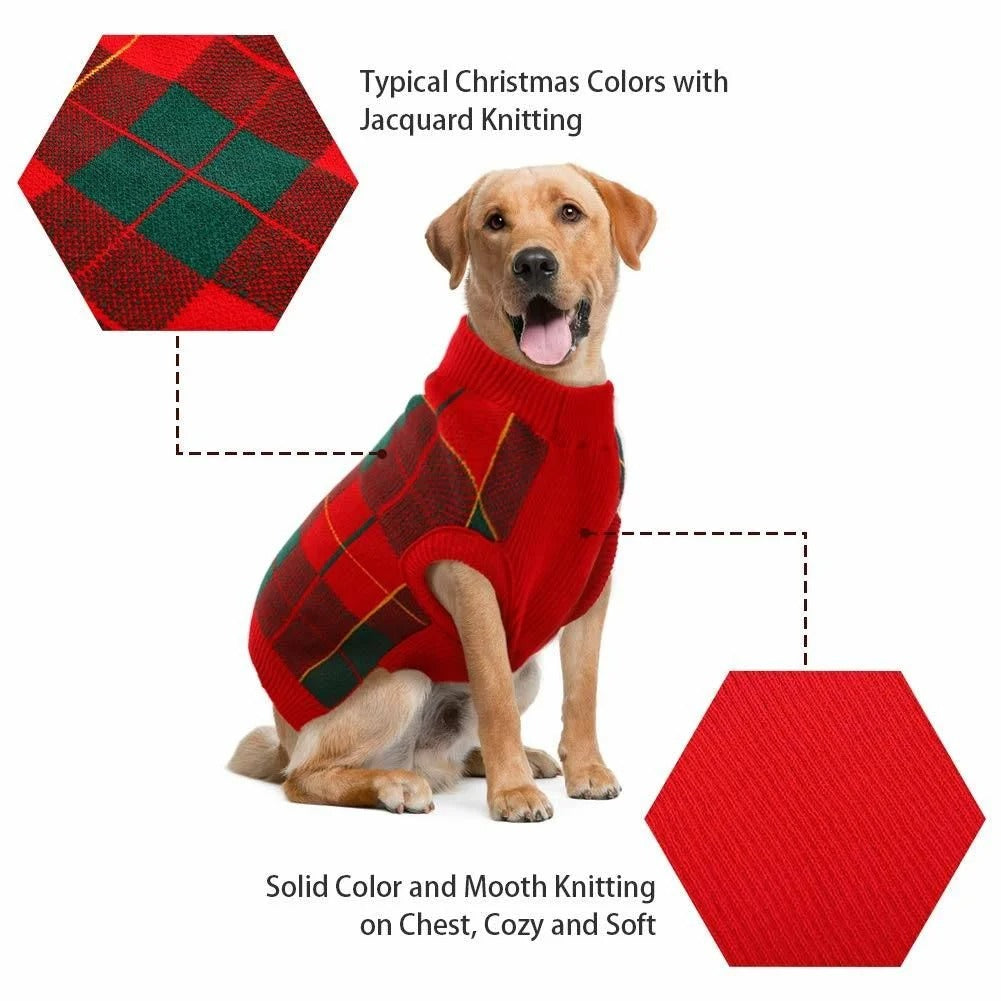 Festive Dog Christmas Sweater for Small and Medium Dogs and Cats, Red and Green Plaid Knit Turtleneck Winter Vest, Holiday Pet Clothing for Warmth and Style