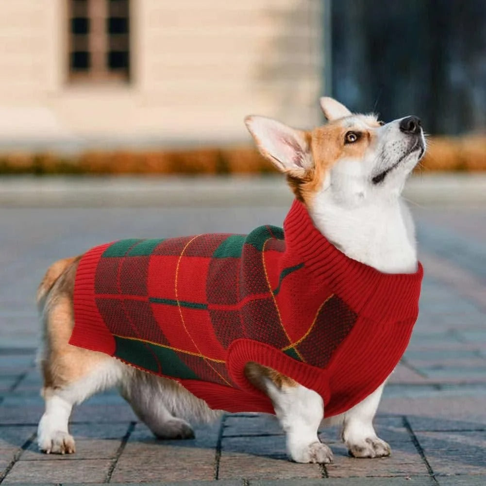 Festive Dog Christmas Sweater for Small and Medium Dogs and Cats, Red and Green Plaid Knit Turtleneck Winter Vest, Holiday Pet Clothing for Warmth and Style