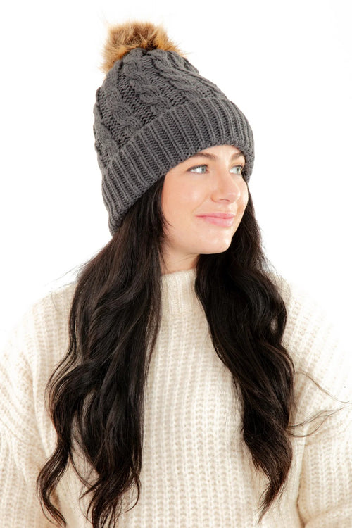 Dark Gray Sherpa Lined Knit Beanie Hat with Faux Fur Pom Pom Winter Warm Stretch Cap