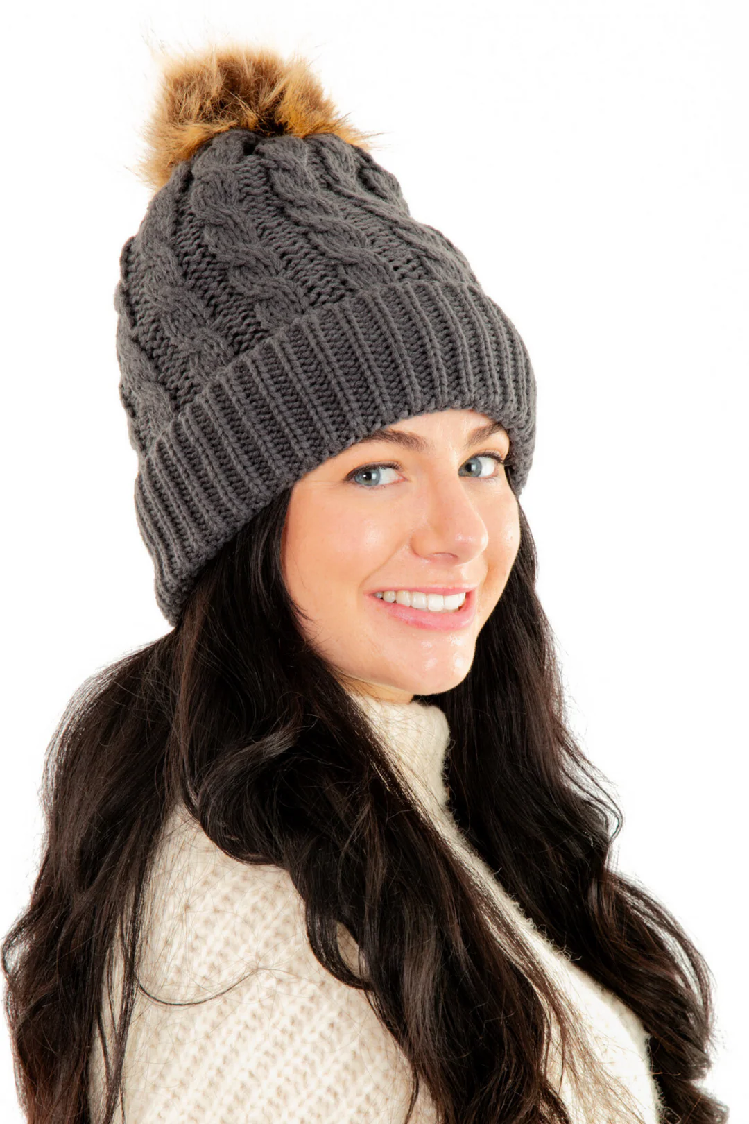 Dark Gray Sherpa Lined Knit Beanie Hat with Faux Fur Pom Pom Winter Warm Stretch Cap