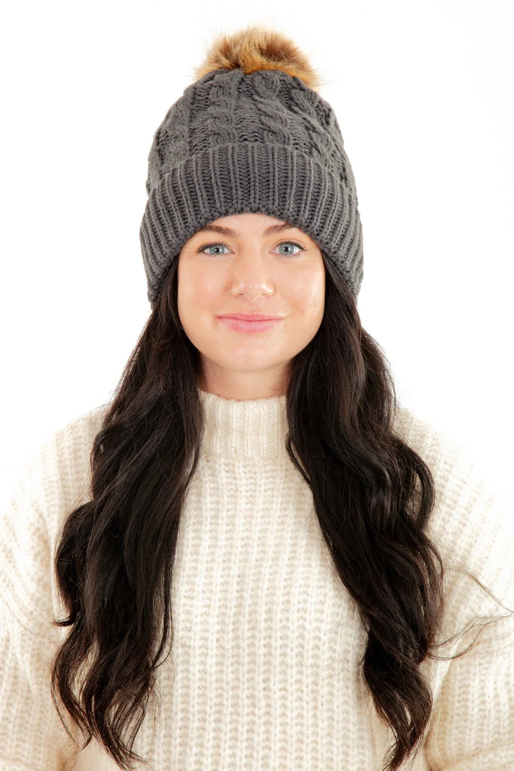 Dark Gray Sherpa Lined Knit Beanie Hat with Faux Fur Pom Pom Winter Warm Stretch Cap