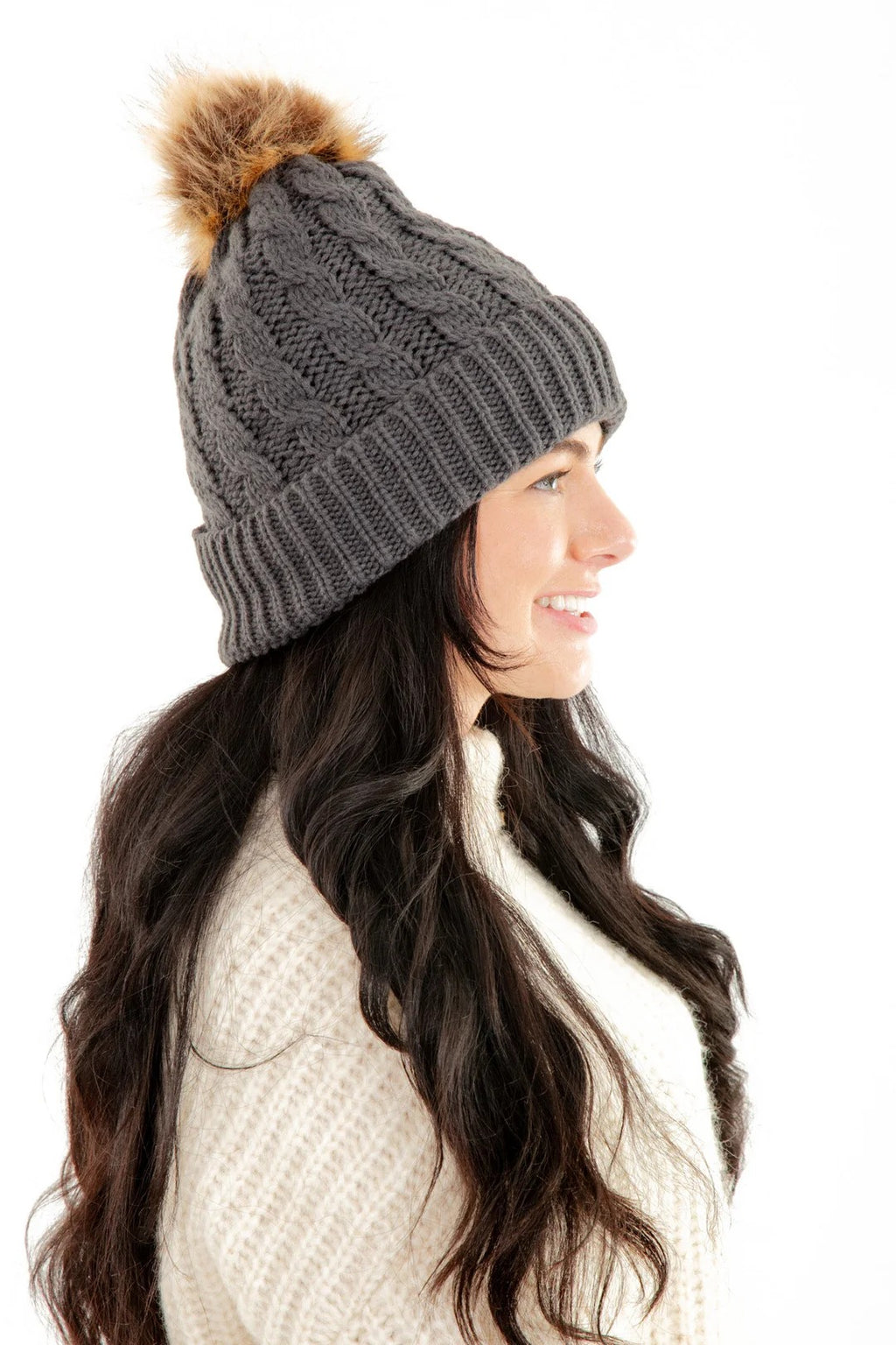 Dark Gray Sherpa Lined Knit Beanie Hat with Faux Fur Pom Pom Winter Warm Stretch Cap