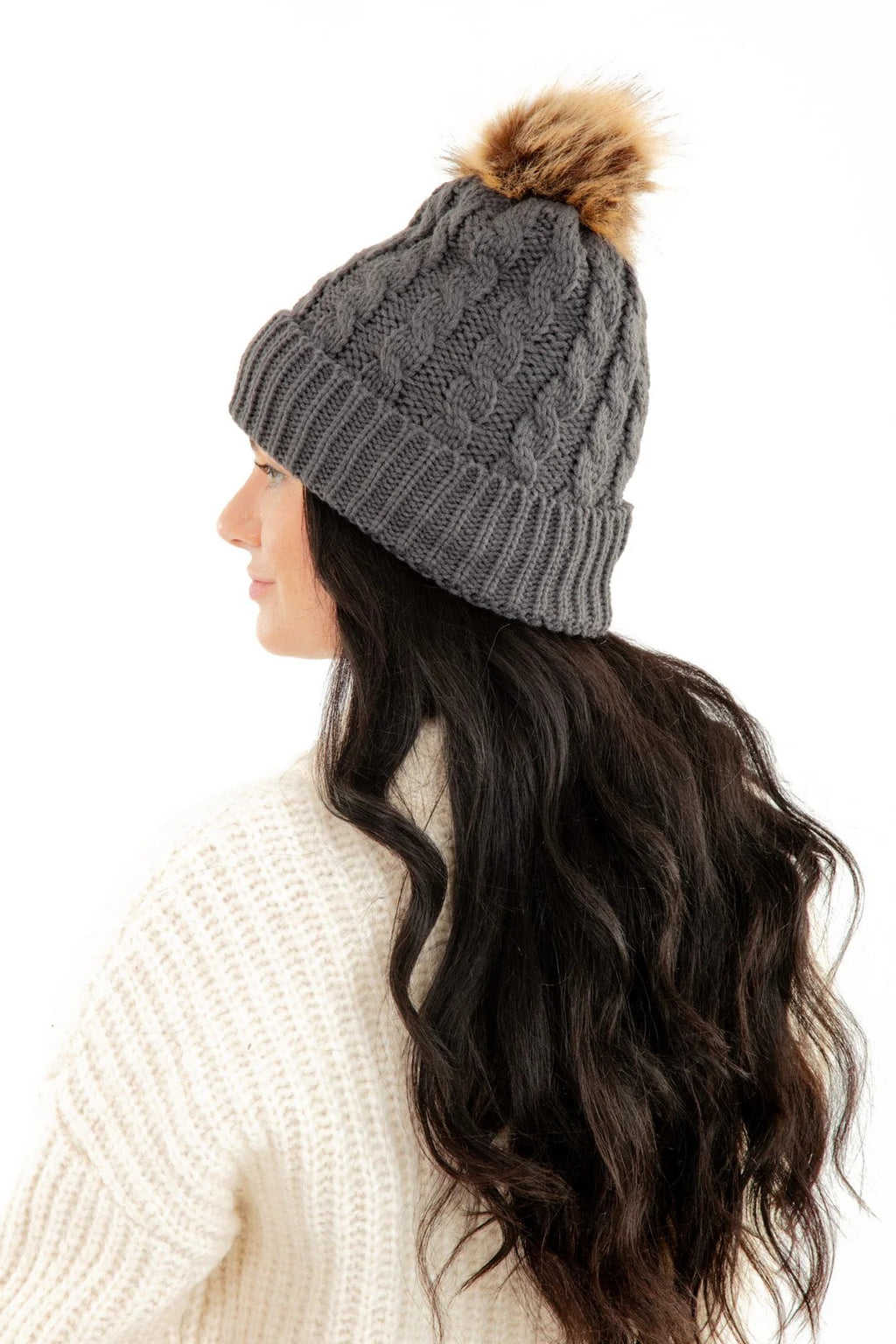 Dark Gray Sherpa Lined Knit Beanie Hat with Faux Fur Pom Pom Winter Warm Stretch Cap