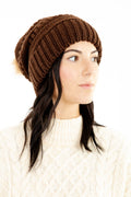 Brown Slouchy Knit Beanie Hat with Faux Fur Pom Pom Oversized Soft Winter Cap
