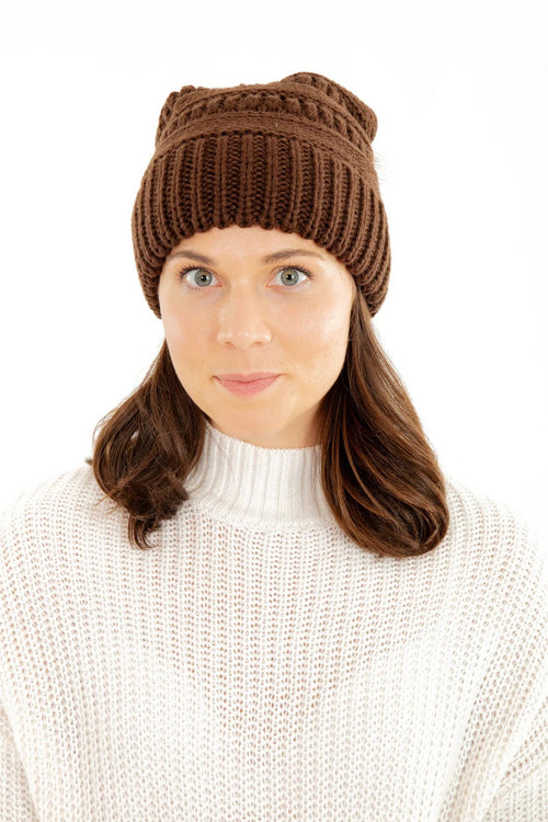 Brown Slouchy Knit Beanie Hat with Faux Fur Pom Pom Oversized Soft Winter Cap