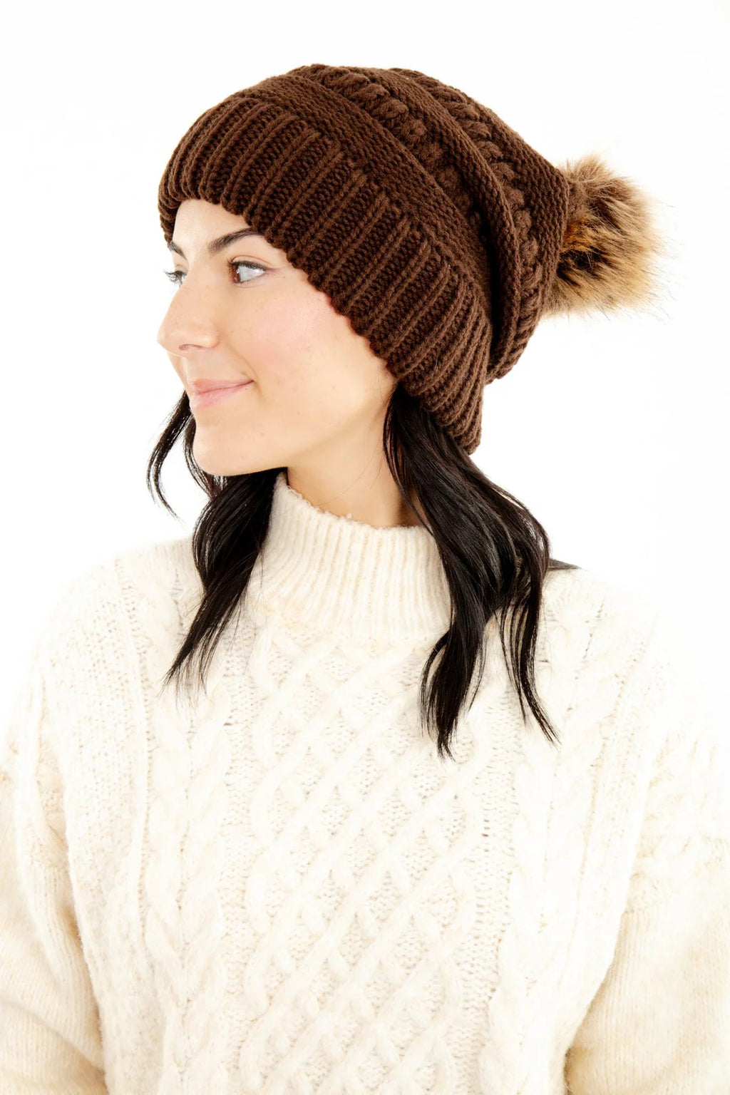 Brown Slouchy Knit Beanie Hat with Faux Fur Pom Pom Oversized Soft Winter Cap