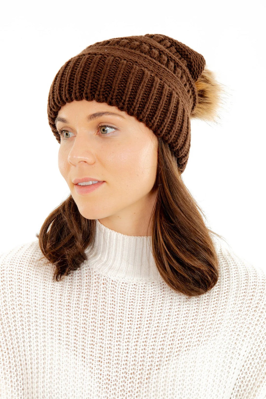 Brown Slouchy Knit Beanie Hat with Faux Fur Pom Pom Oversized Soft Winter Cap