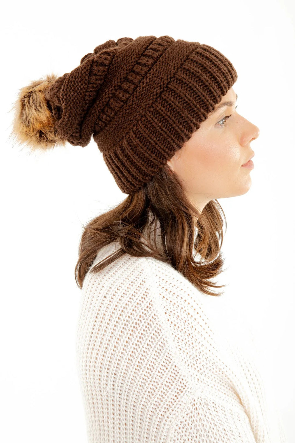 Brown Slouchy Knit Beanie Hat with Faux Fur Pom Pom Oversized Soft Winter Cap