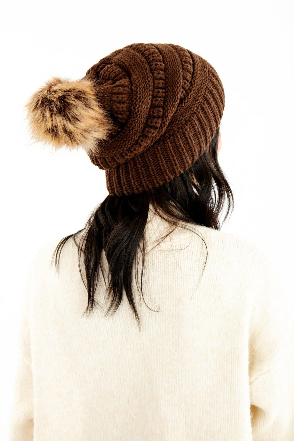 Brown Slouchy Knit Beanie Hat with Faux Fur Pom Pom Oversized Soft Winter Cap