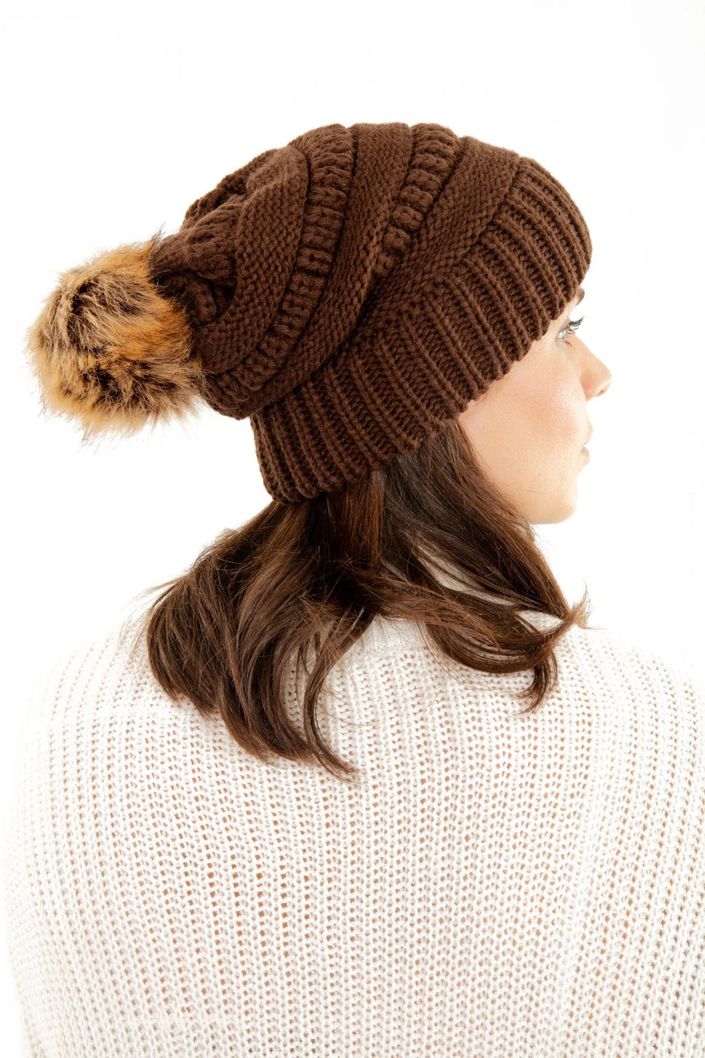 Brown Slouchy Knit Beanie Hat with Faux Fur Pom Pom Oversized Soft Winter Cap