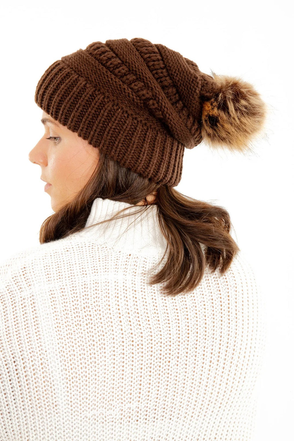 Brown Slouchy Knit Beanie Hat with Faux Fur Pom Pom Oversized Soft Winter Cap