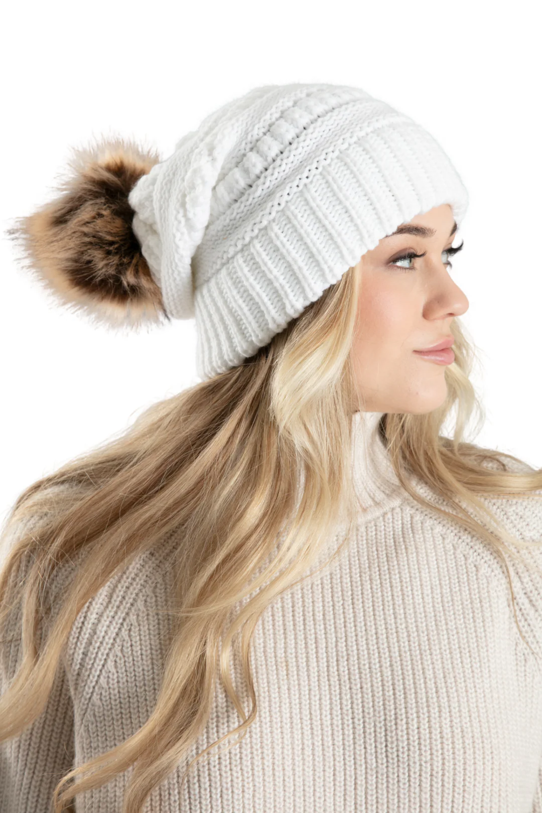 White Slouchy Knit Beanie Hat with Faux Fur Pom Pom Oversized Soft Winter Cap