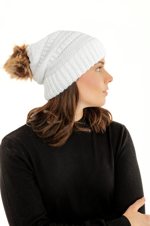 White Slouchy Knit Beanie Hat with Faux Fur Pom Pom Oversized Soft Winter Cap