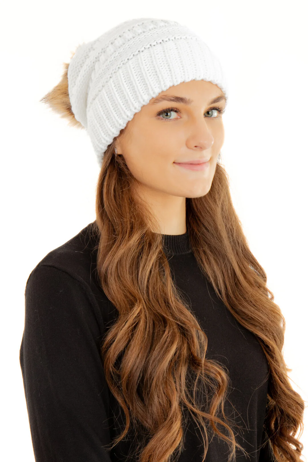 White Slouchy Knit Beanie Hat with Faux Fur Pom Pom Oversized Soft Winter Cap