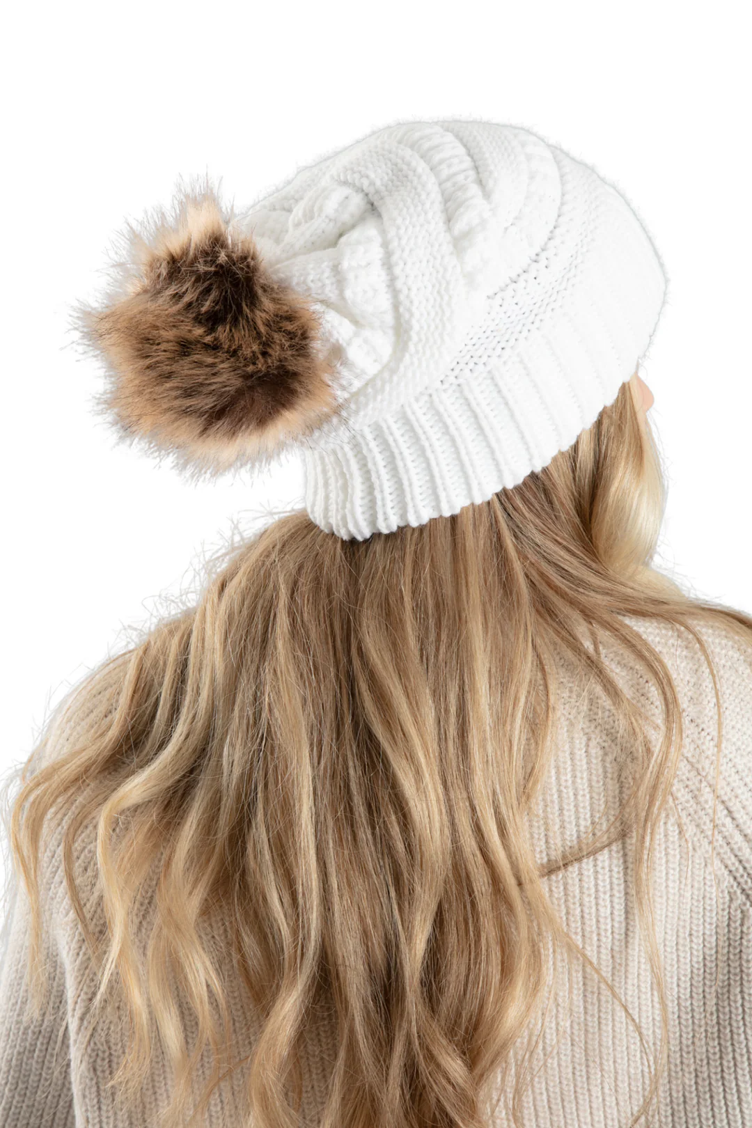 White Slouchy Knit Beanie Hat with Faux Fur Pom Pom Oversized Soft Winter Cap