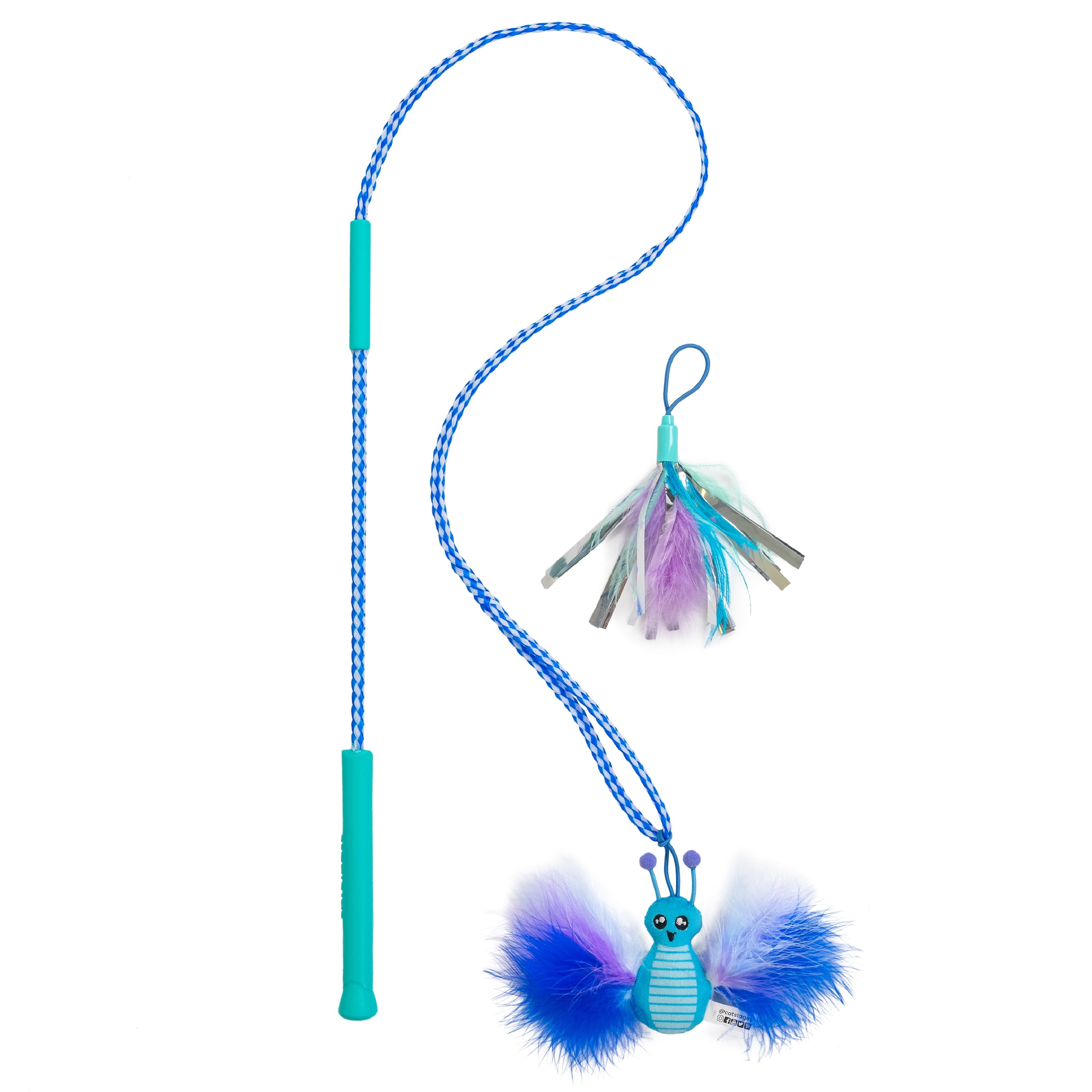 Interactive Cat Tail Teaser Wand Toy for Indoor Cats – Feather and Catnip Toys with Crinkle Sounds, Durable Rope for Jumping, Pouncing and Play, Blue