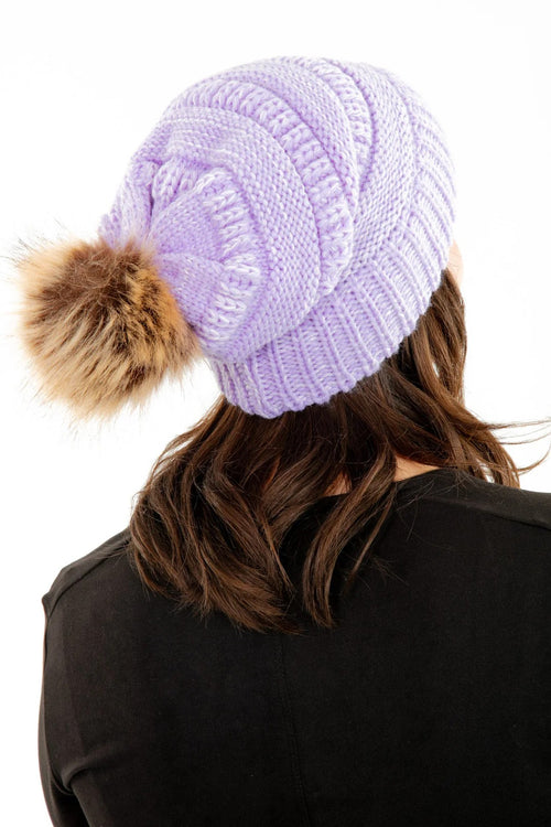 Purple Slouchy Knit Beanie Hat with Faux Fur Pom Pom Oversized Soft Winter Cap