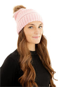 Pink Slouchy Knit Beanie Hat with Faux Fur Pom Pom Oversized Soft Winter Cap