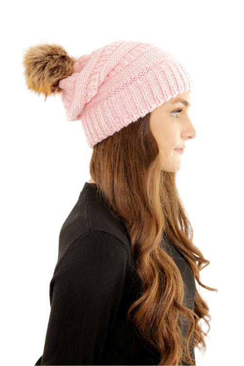 Pink Slouchy Knit Beanie Hat with Faux Fur Pom Pom Oversized Soft Winter Cap
