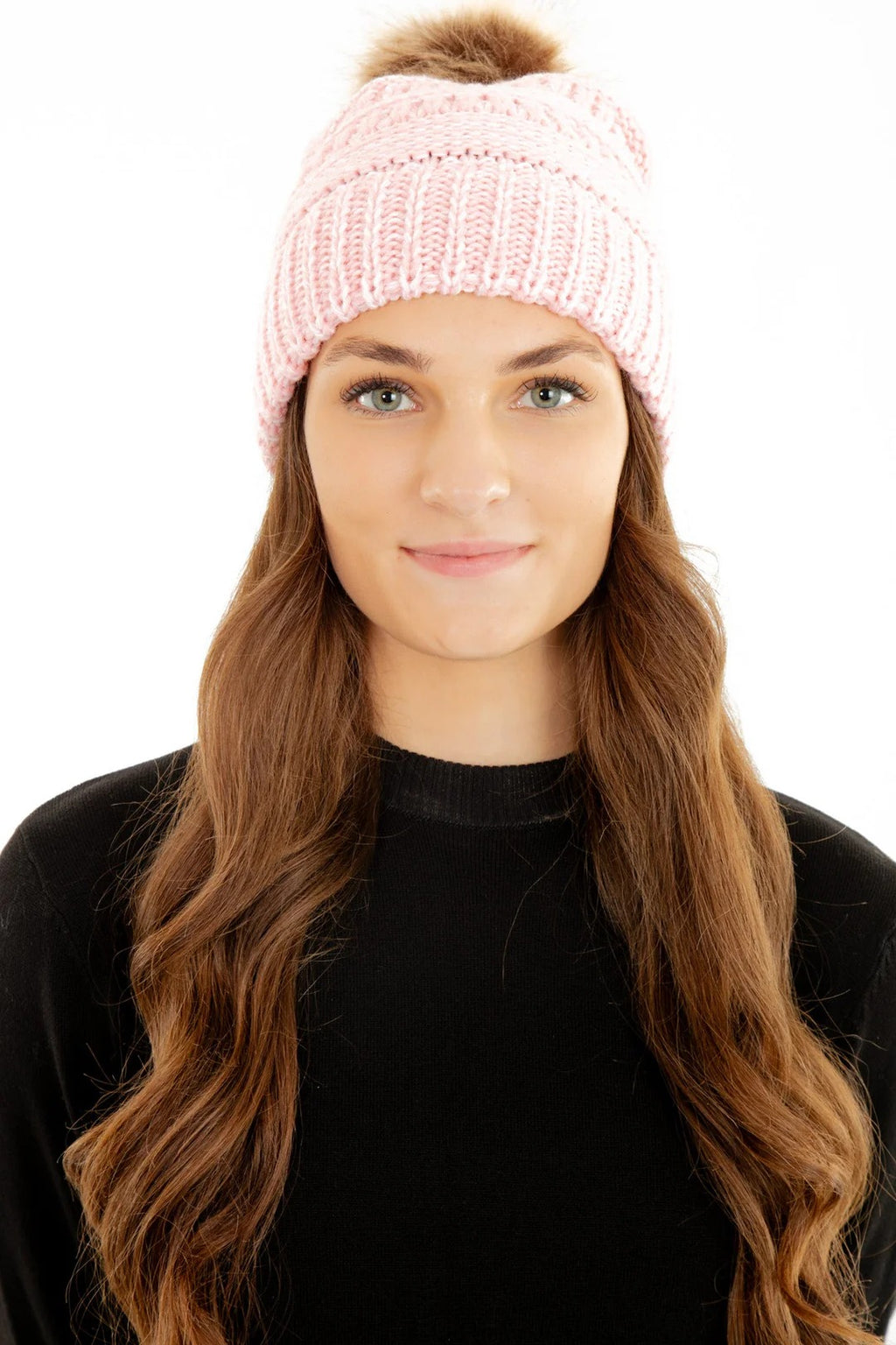 Pink Slouchy Knit Beanie Hat with Faux Fur Pom Pom Oversized Soft Winter Cap