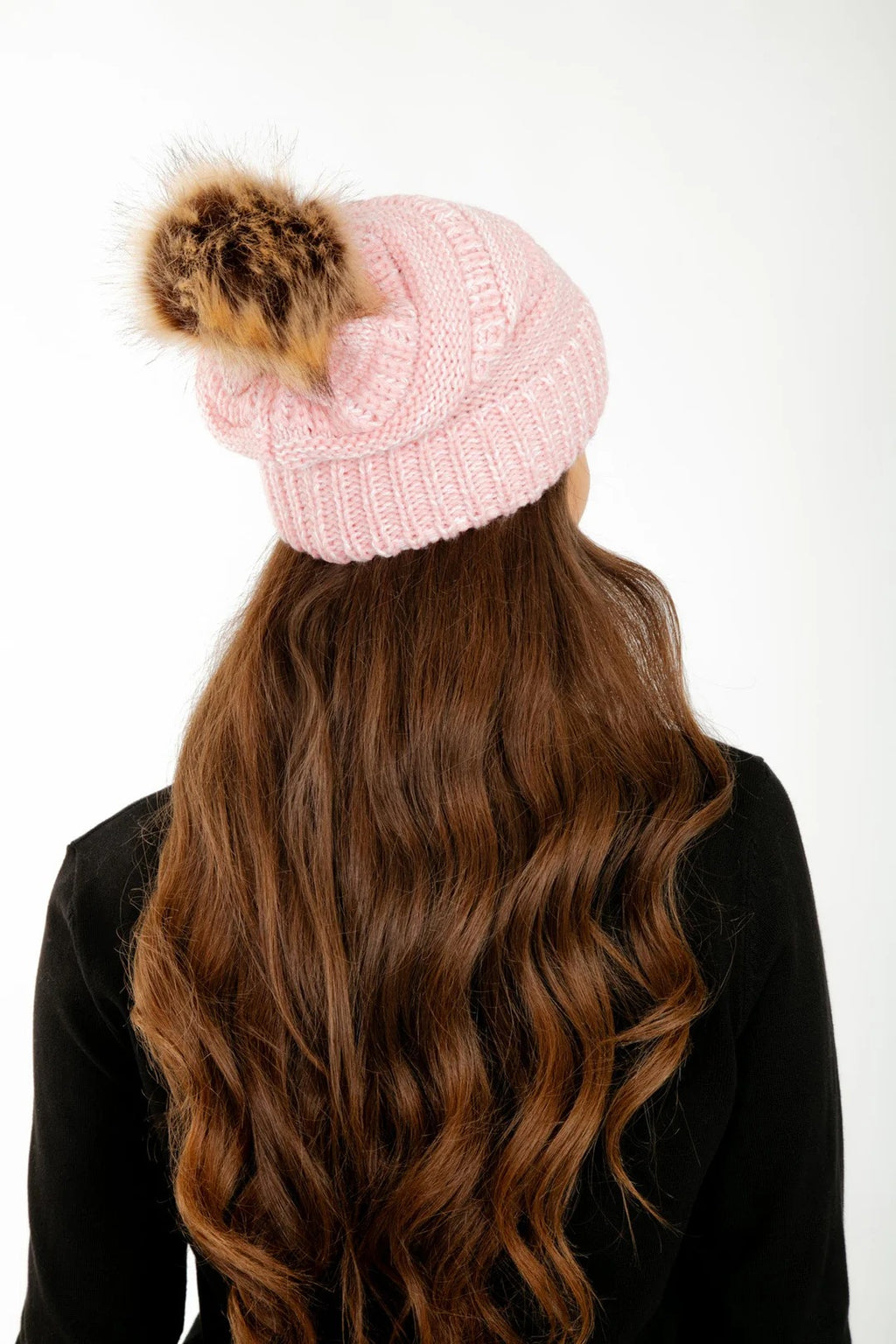 Pink Slouchy Knit Beanie Hat with Faux Fur Pom Pom Oversized Soft Winter Cap