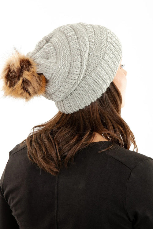 Grey Slouchy Knit Beanie Hat with Faux Fur Pom Pom Oversized Soft Winter Cap