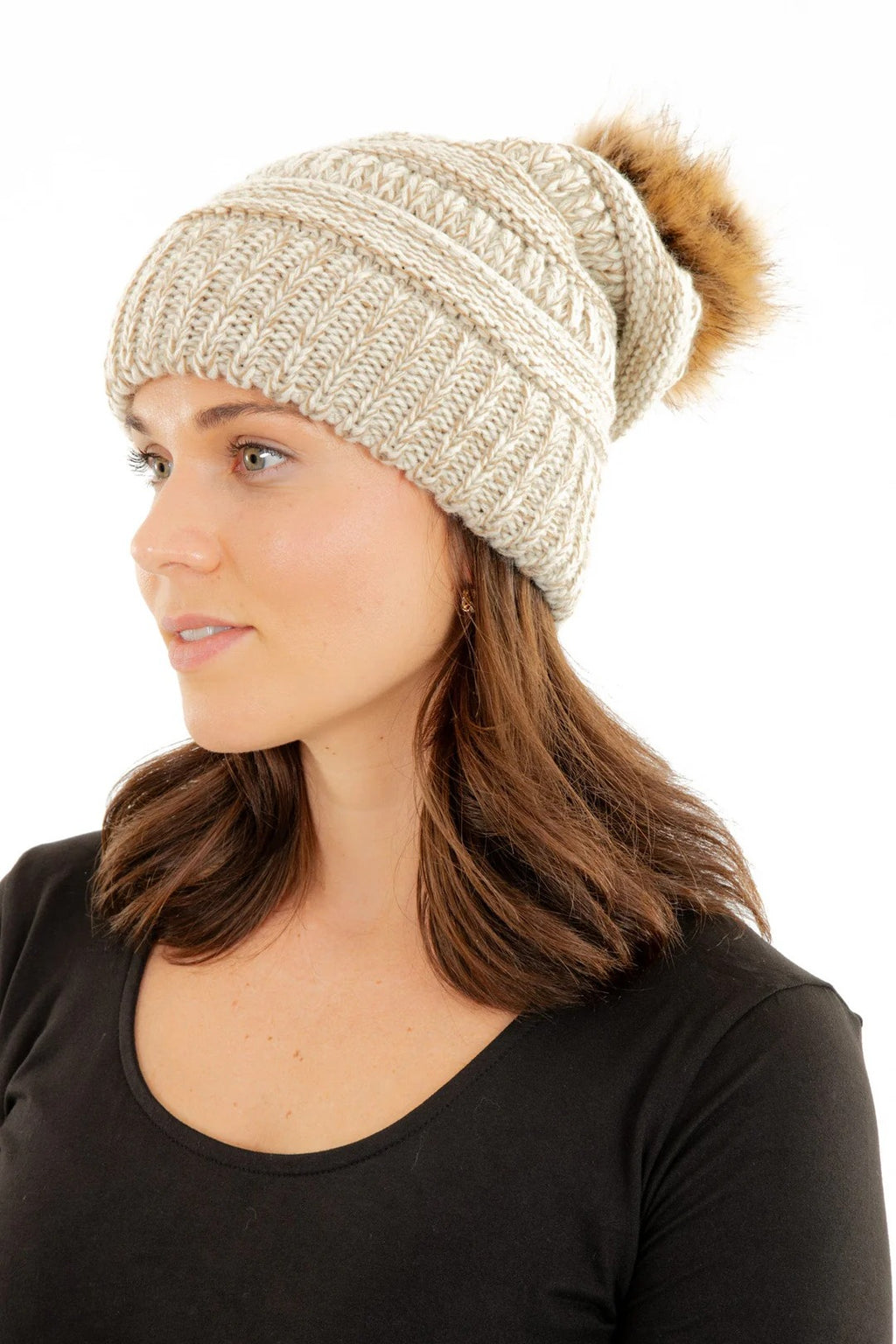 Beige Slouchy Knit Beanie Hat with Faux Fur Pom Pom Oversized Soft Winter Cap