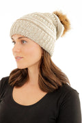 Beige Slouchy Knit Beanie Hat with Faux Fur Pom Pom Oversized Soft Winter Cap