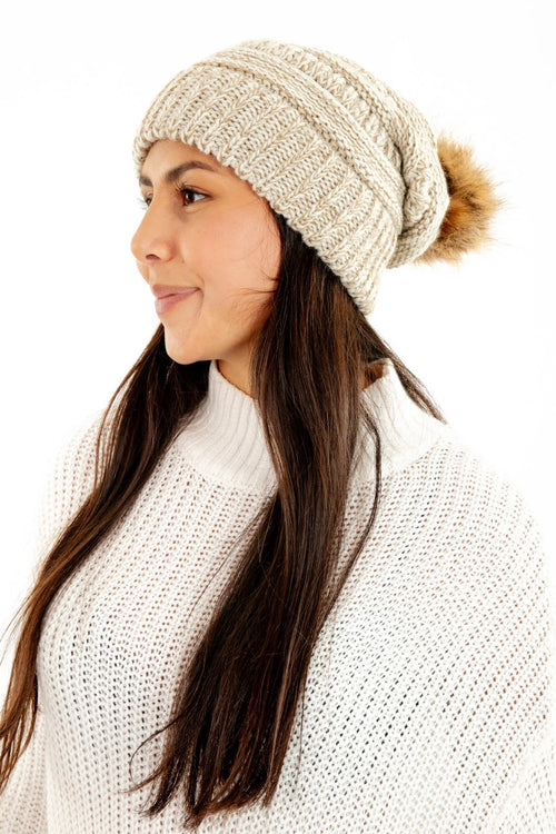 Beige Slouchy Knit Beanie Hat with Faux Fur Pom Pom Oversized Soft Winter Cap