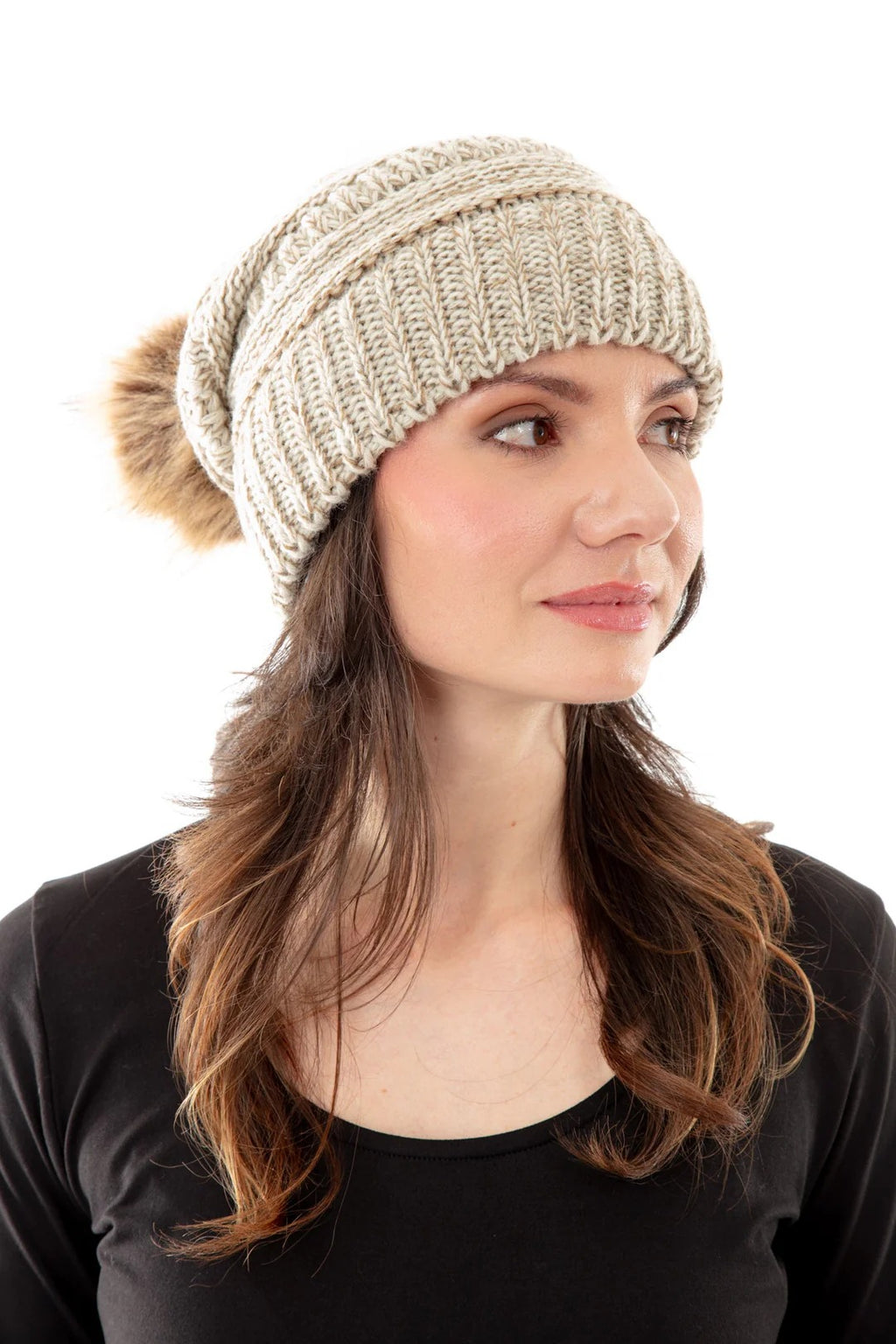 Beige Slouchy Knit Beanie Hat with Faux Fur Pom Pom Oversized Soft Winter Cap