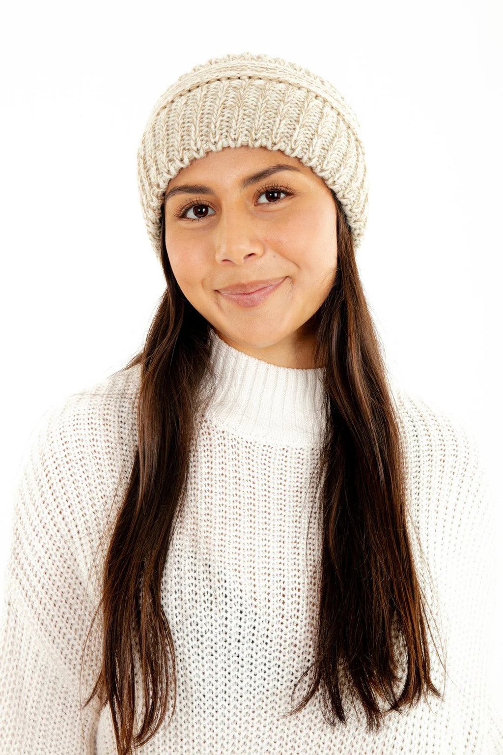 Beige Slouchy Knit Beanie Hat with Faux Fur Pom Pom Oversized Soft Winter Cap