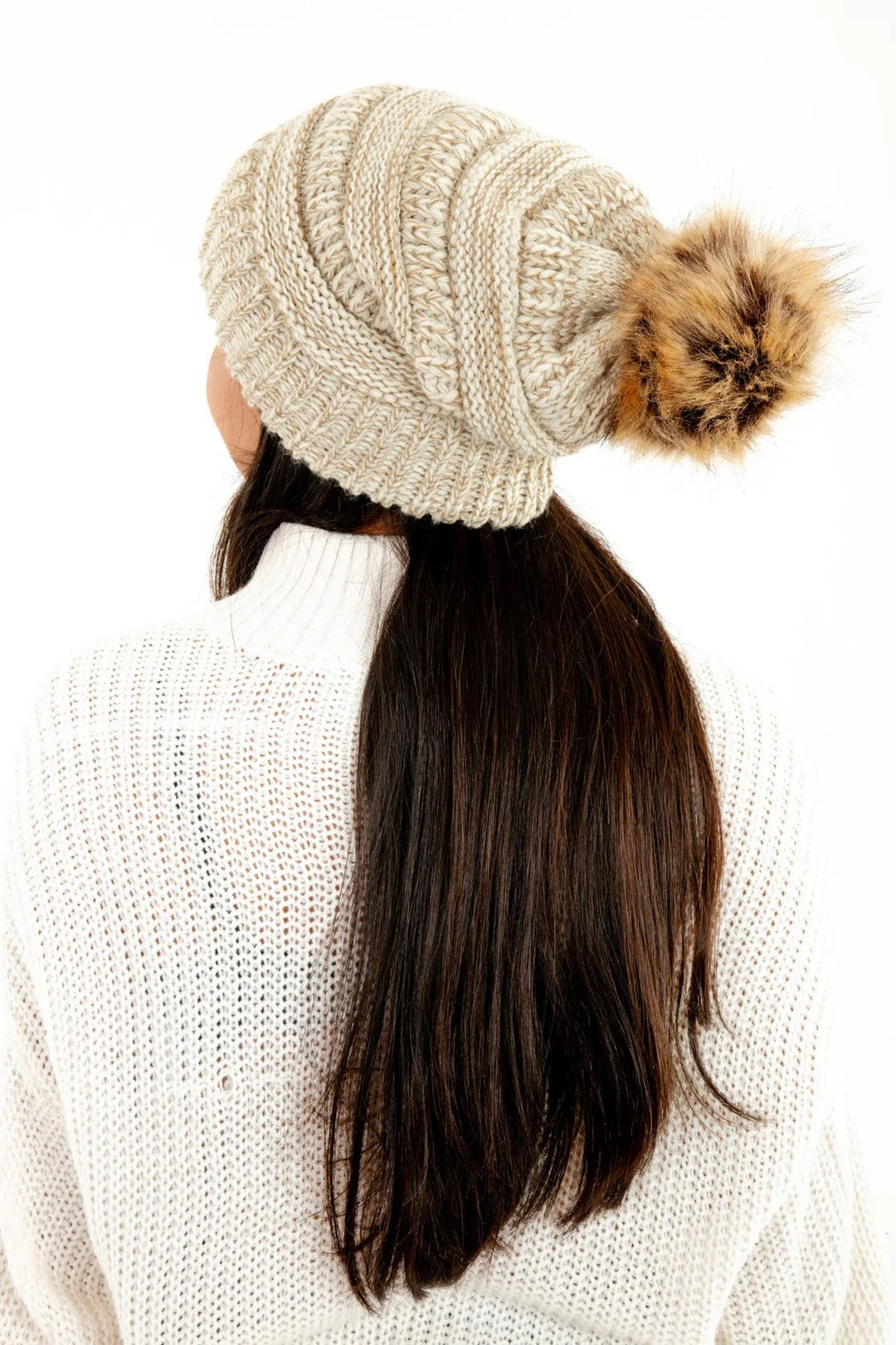 Beige Slouchy Knit Beanie Hat with Faux Fur Pom Pom Oversized Soft Winter Cap