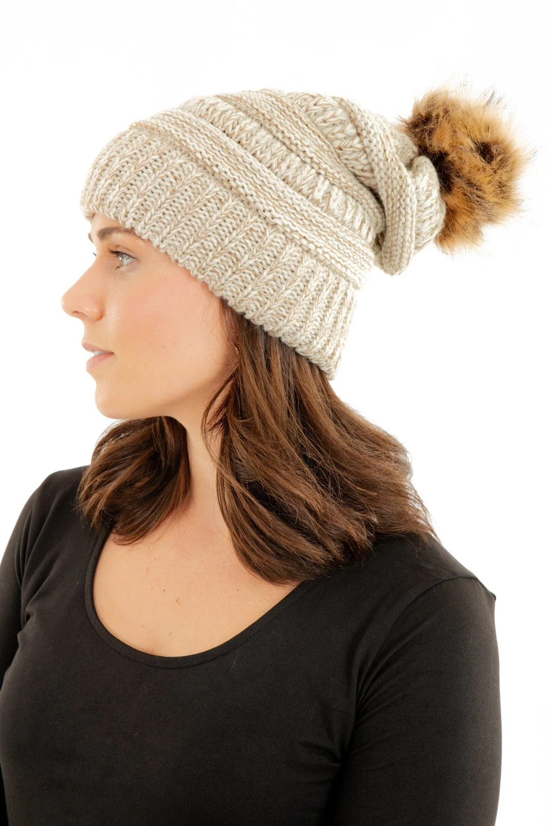 Beige Slouchy Knit Beanie Hat with Faux Fur Pom Pom Oversized Soft Winter Cap
