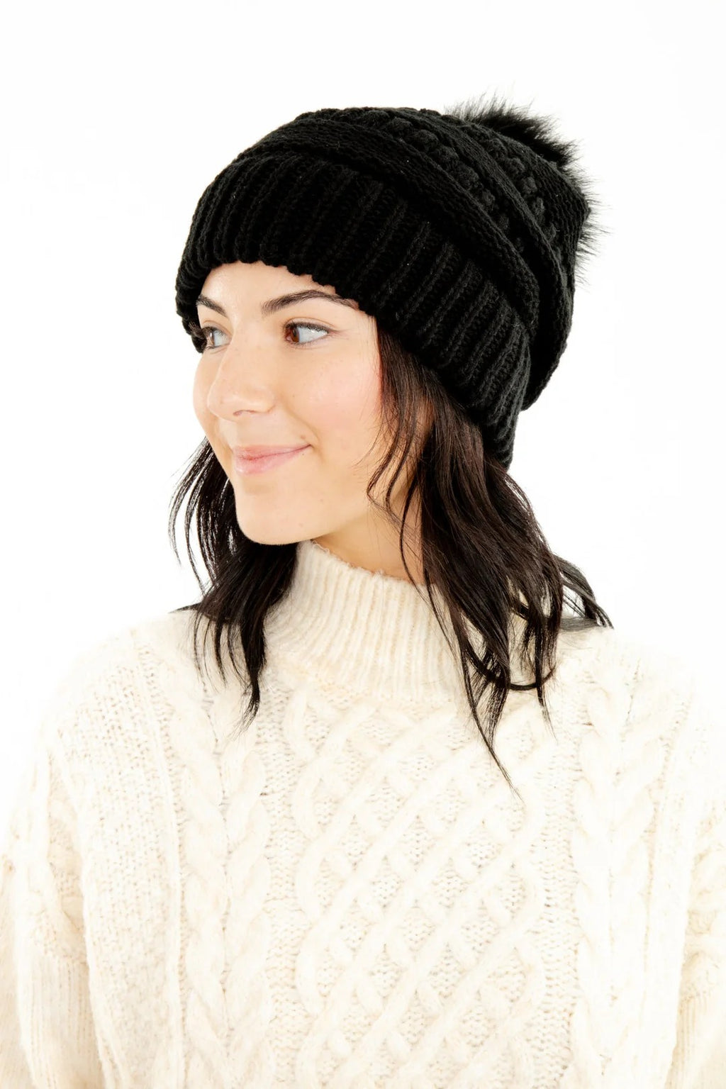 Grey - Chunky Knit Slouchy Beanie with Pom Pom