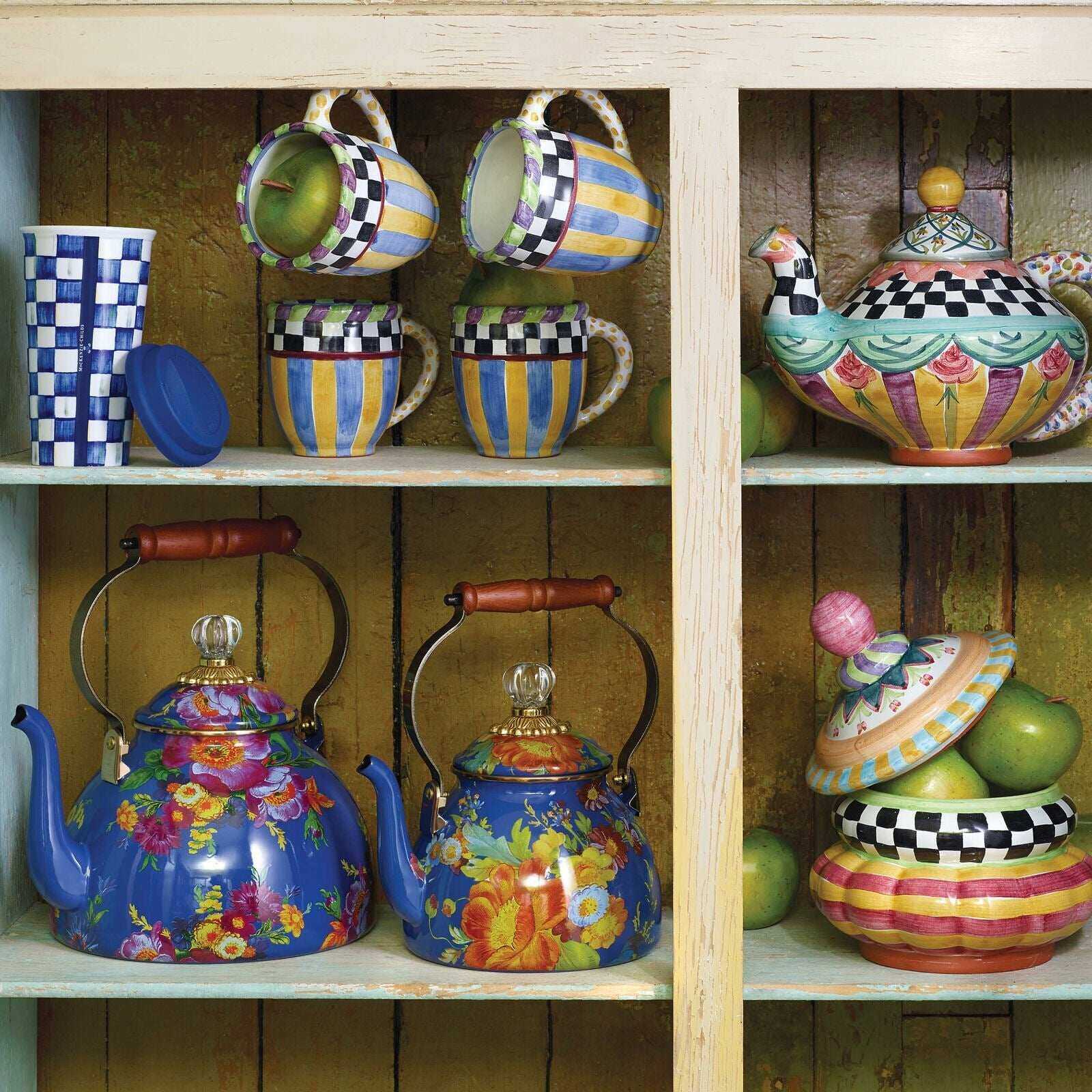 Flower Market Blue Enamel Tea Kettle - Lapis by Mackenzie Childs 2.84L